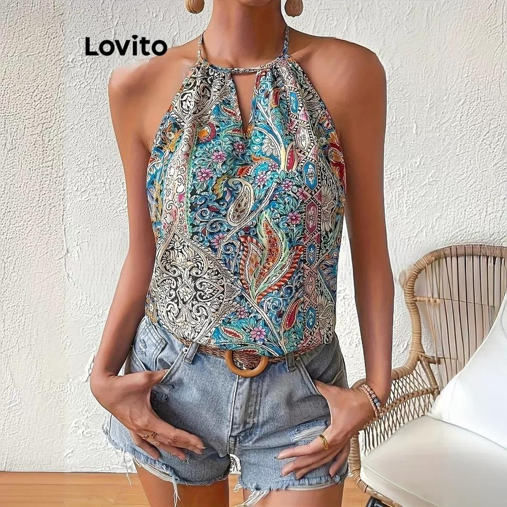Lovito เสื้อแขนกุดผู้หญิง แต่งคัทเอาท์ ลายเพสลีย์ สไตล์โบโฮ LNL69010