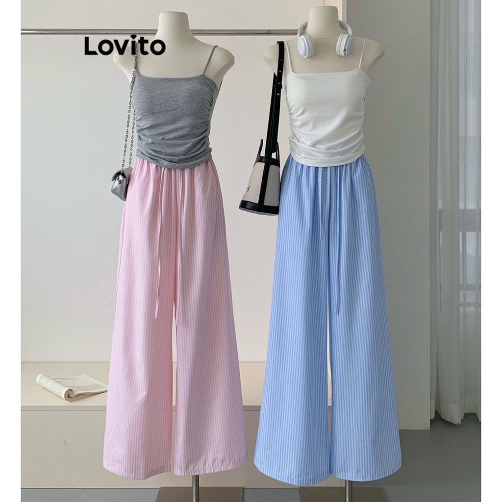 Lovito กางเกงขายาวผู้หญิง แต่งกระเป๋า มีสายผูก ลายทาง สไตล์ลำลอง LNA62052
