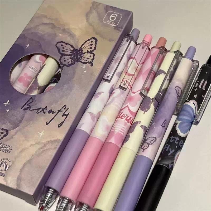 6pcs 0.5มม ปากกาลูกลื่น Dream Butterfly ปากกาลายเซ็นสำนักงาน ปากกาสำหรับนักเรียน ปากกาสำหรับเขียนน้ำสีดำ