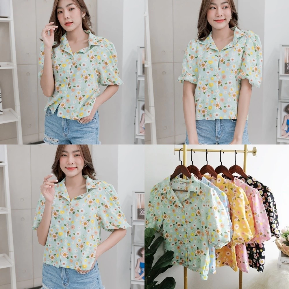 WS85 เสื้อเชิ๊ตคอปกแขนสั้นทรงบอลลูน ลายดอกไม้ ลายทาง ลายกราฟฟิก thumbnail 7
