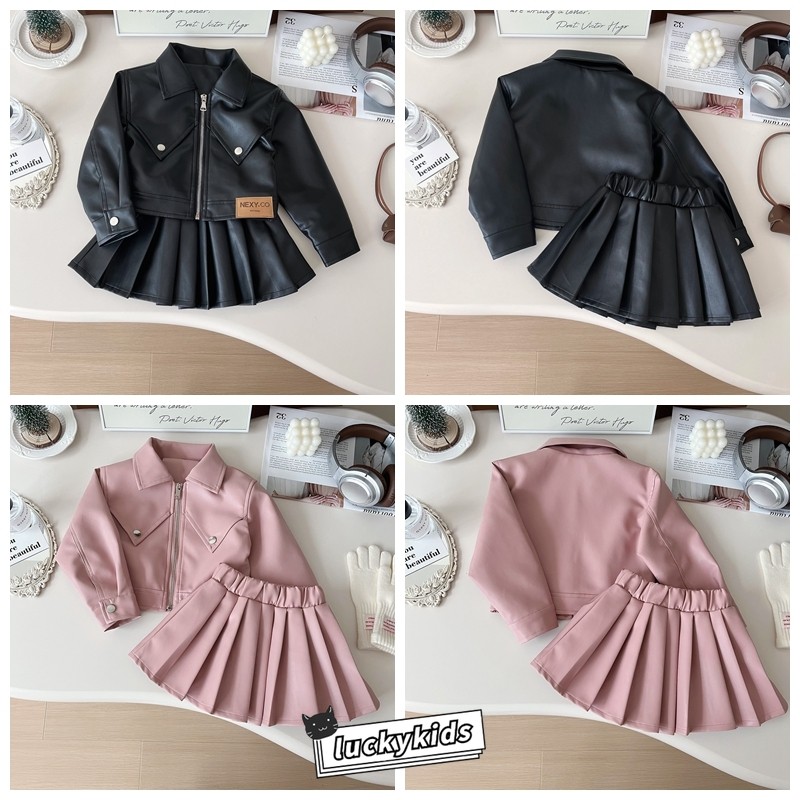 2ชิ้นฤดูใบไม้ร่วงเด็กสาวสีทึบปู่เสื้อผ้าหนังชุดเด็กสาวปกซิปเสื้อ+กระโปรงจีบมีซับใน