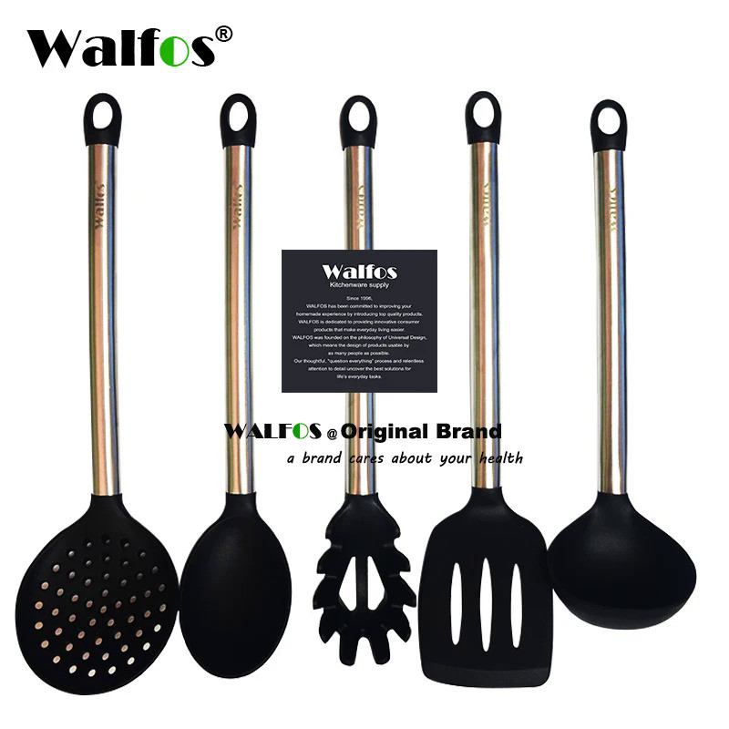 WALFOS 100% FOOD GRADE Silicone Cooking Spoon Soup Ladle-Egg Spatula Turner Kitchen Tools Stainless 