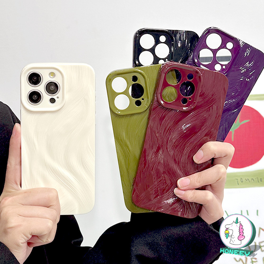 Ins สีทึบ Feather เส้นด้ายแปรงรูปแบบเคสโทรศัพท์สําหรับ IPhone 11 15 16 Pro Max 13 14 12 Promax 16 PLUS กันกระแทกเลนส์ป้องกัน Soft TPU โทรศัพท์ปกหลัง