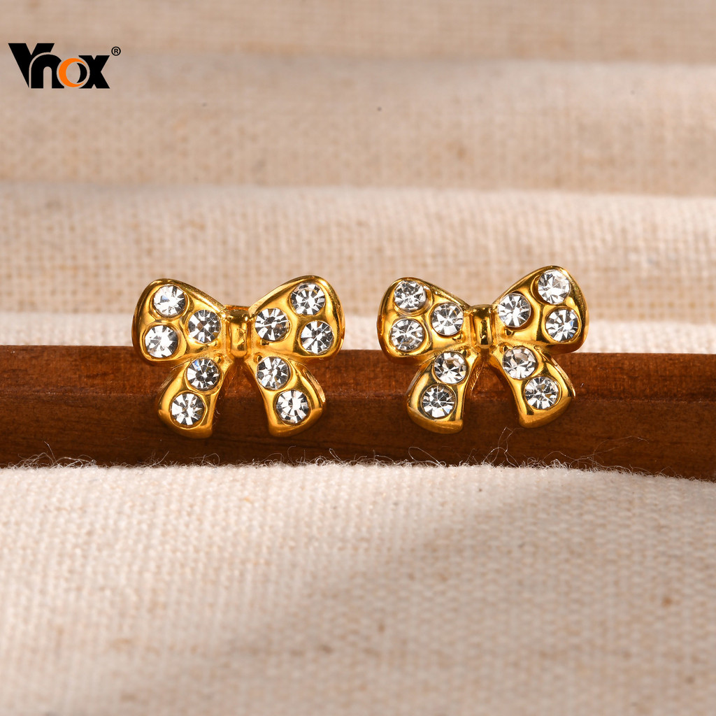 Vnox เพชรโบว์ผีเสื้อต่างหูผู้หญิงสาว,18K Gold Shiny Dainty ต่างหูสแตนเลส,Hypoallergenic เครื่องประดับ