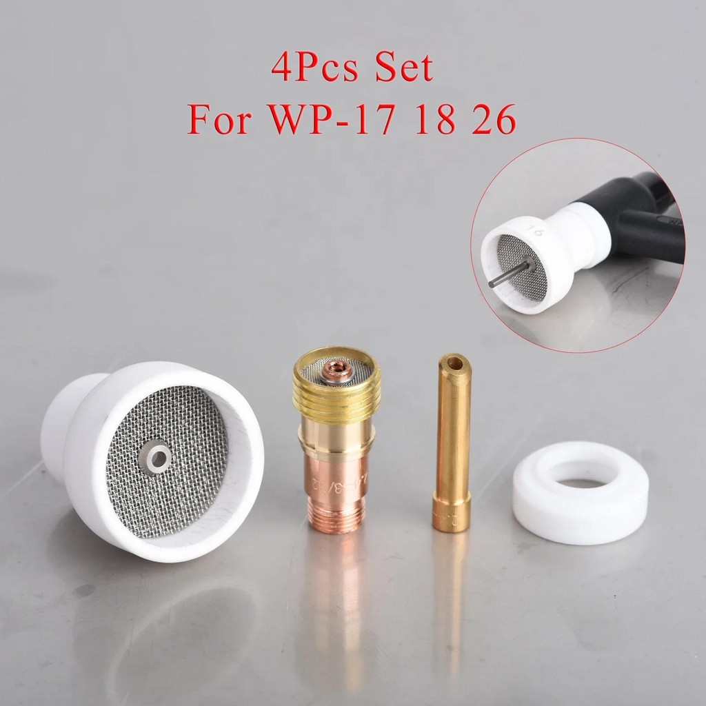 เชื่อม TIG 4 ชิ้น #16 หัวฉีดเซรามิกสีขาว Alumina Cup Kit ไฟฉาย WP17 18 26 Stubby Collets Body แก๊สเลนส์ชุด