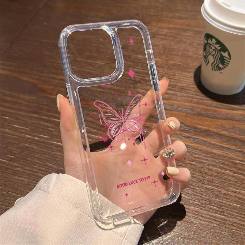 TPU ปุ่มชุบไฟฟ้า เคสไอโฟน นิ่มกันกระแทก เคสโทรศัพท์ iPhone 11 12 13 14 15 Pro Max XR XS X 7 8Pผีเสื้อสีชมพู