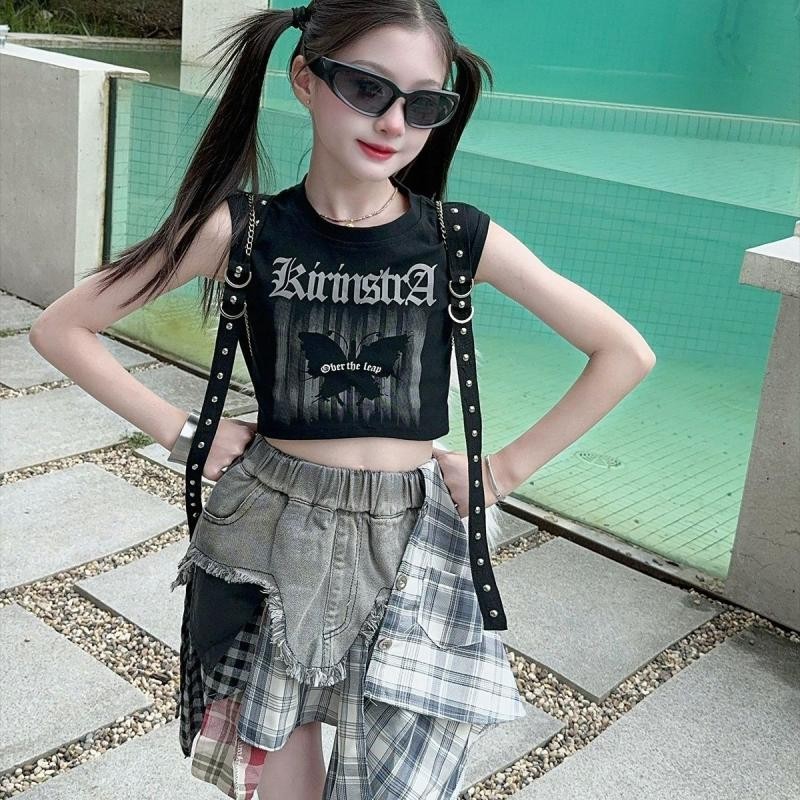 สาวฤดูร้อนเสื้อกั๊กสวมใส่ด้านนอกสไตล์ตะวันตกแจ๊สแดนซ์ถนนเต้นรํากลางเด็กใหญ่สาวสลิงเด็กแขนกุดด้านบนสไตล์สั้น20241012
