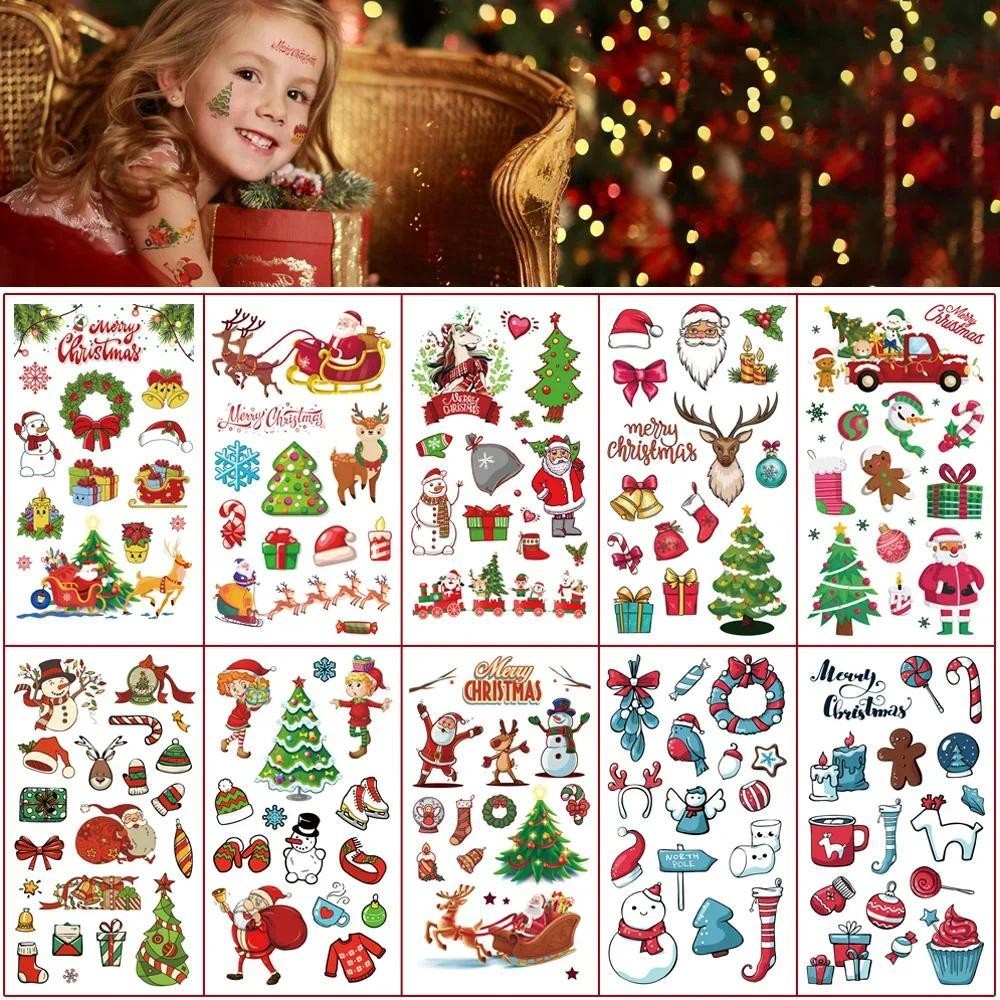 10 แผ่นคริสต์มาส Tattoo สติกเกอร์ Santa Claus Snowman Xmas Tree Face Luminous Tattoo สติกเกอร์สําหรับ Christmas Party Decor