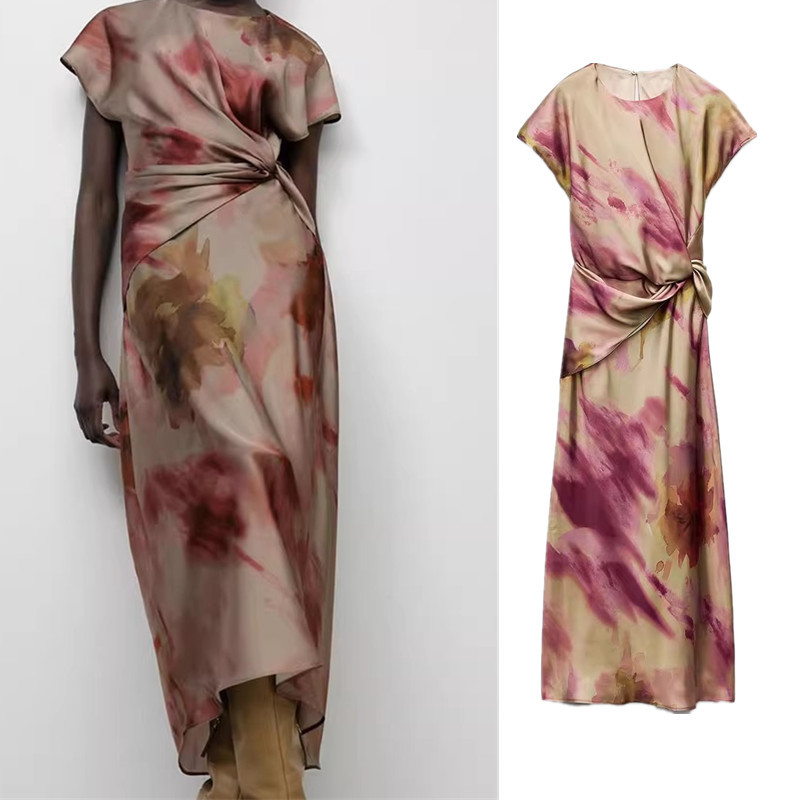 เดรสผ้าไหมซาตินพิมพ์ลาย Zara Tie-Dye 9499257