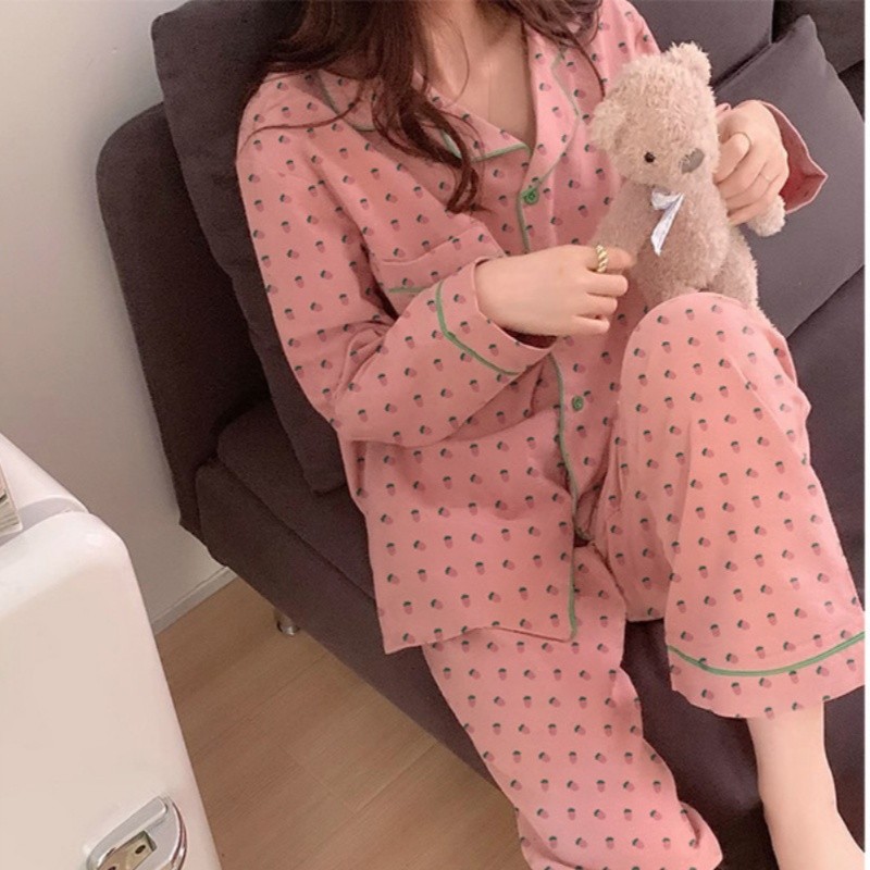 เกาหลีบล็อกเกอร์สไตล์เดียวกันออกซิเจน ผู้มีอิทธิพล น่ารักสตรอเบอร์รี่พิมพ์สาวหวานแขนยาวชุดนอนฤดูใบไม้ผลิฤดูใบไม้ร่วงสไตล์ใหม่บ้าน Serv
