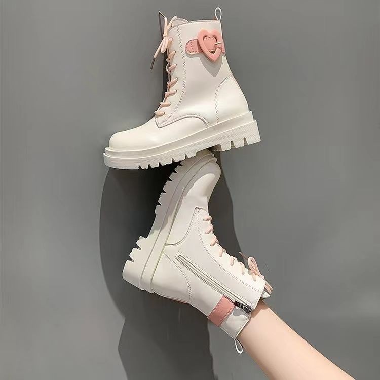 รองเท้าบูทมาร์ติน รองเท้าหนัง Mid-Tube Boots สวมใส่ด้านนอกฤดูใบไม้ร่วงฤดูหนาว Casual รอบ Toe