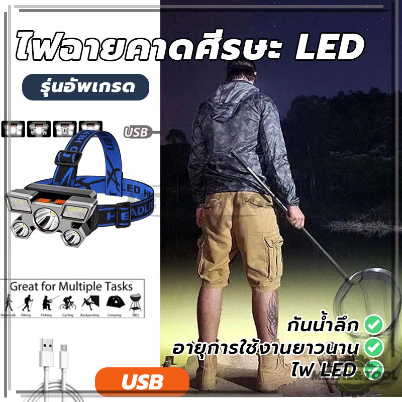 ไฟฉายคาดหัว ไฟฉายคาดศีรษะ LED แสงปรับได้4ระดับ แบบชาร์จไฟในตัว แบบพกพา สําหรับตกปลา ตั้งแคมป์ กลางแจ้ง