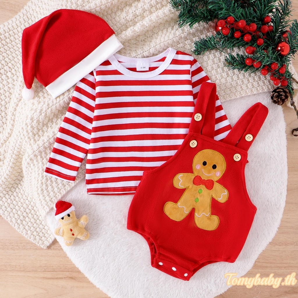 Tomybaby-ชุดฤดูใบไม้ร่วงสําหรับเด็กลายพิมพ์เสื้อแขนยาวพร้อมชุดเอี๊ยมเย็บปักถักร้อยคริสต์มาสและหมวก