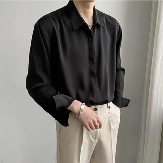 เสื้อเชิ้ตแขนยาวสีพื้น คอปก เสื้อเชิ้ตใส่ทำงานชาย สไตล์ลำลอง กระดุมแถว แฟชั่นเกาหลี ไซส์ S-3XL