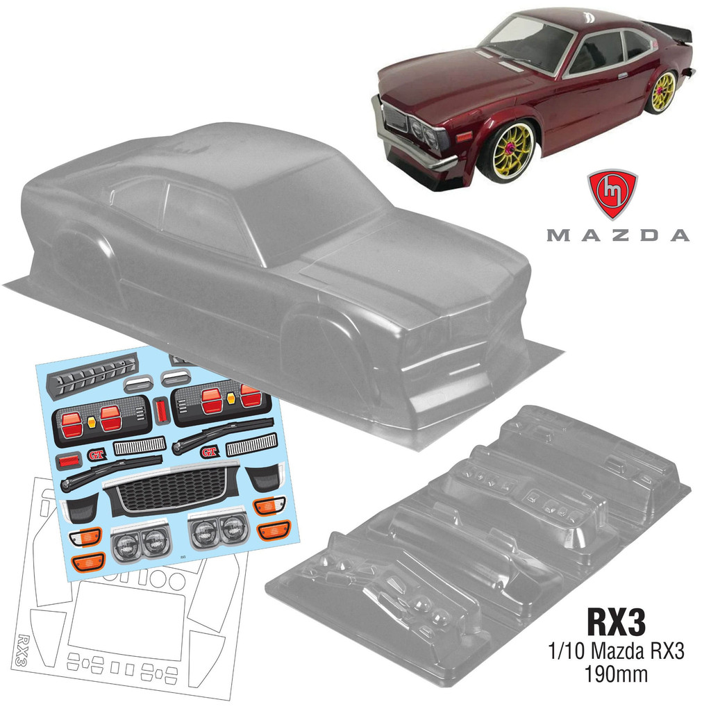 RX3 1/10 Mazda RX3, กล่องรถ PC โปร่งใส, 190 มม., พร้อมถ้วยโคมไฟ