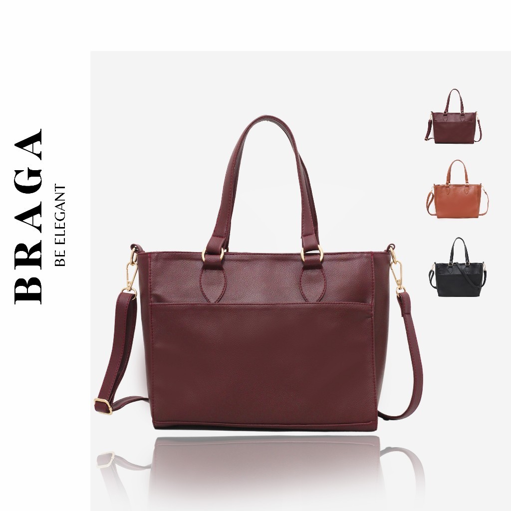 Braga Kaily Series B 2631 - กระเป๋าทํางานผู้หญิงอินเทรนด์คุณภาพ Tote Bag กระเป๋าสะพายข้าง Tan Black 