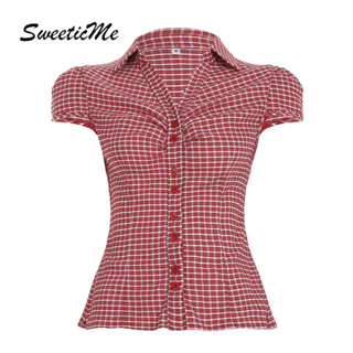 เสื้อแขนสั้นผู้หญิง สไตล์วิทยาลัย ลายสก๊อต เปิดลงปก แฟชั่นให…