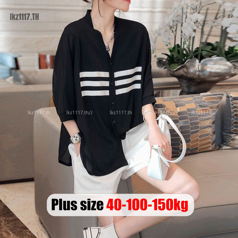 Plus size Shirt Women เสื้อสาวอวบ🎀เสื้อเชิ้ตผู้หญิงไซส์ใหญ่ชิฟฟอนแขนสั้น คอวีหลวม สีดำ แฟชั่นฤดูร้อน สไตล์เกาหลี สาว อวบอ้วน ใส่ได้ oversize Blouse