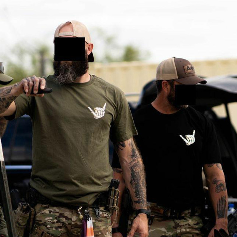 เสื้อยืดผ้าฝ้ายพิมพ์ลาย Tough Guy Club Stance Tactics 666 Hand Bone Series สไตล์ทหารแขนสั้นลายพัดทหาร