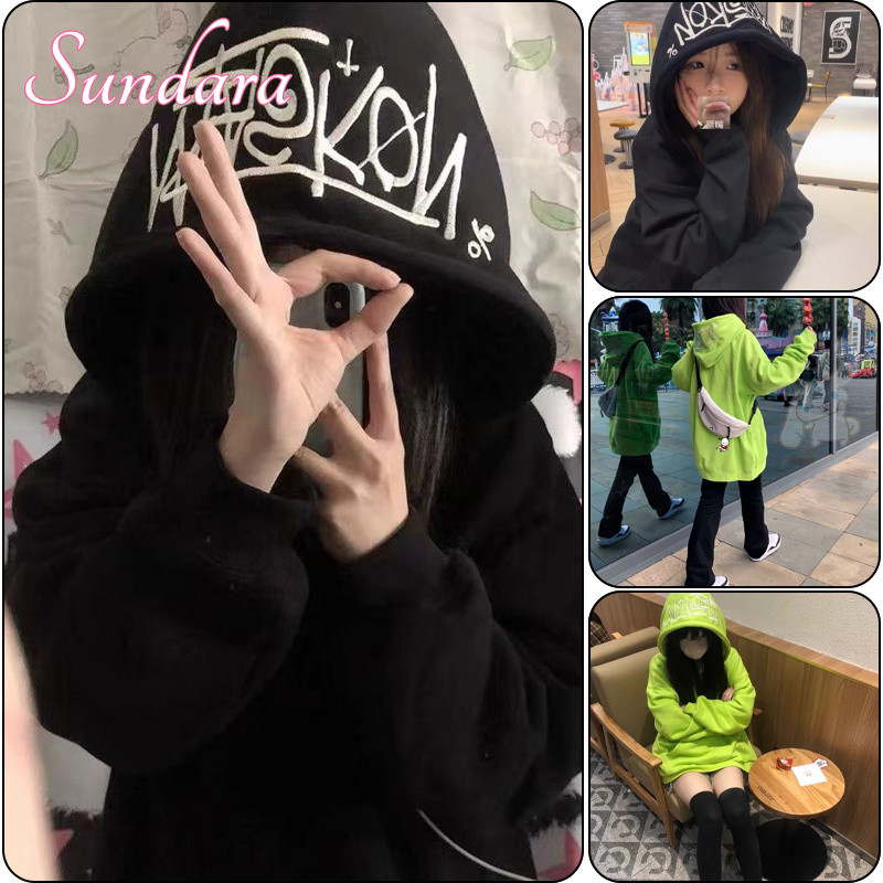 ฤดูใบไม้ผลิฤดูใบไม้ร่วงอเมริกันสีทึบพิมพ์คลุมด้วยผ้าผ้าฝ้ายเสื้อกันหนาวหมวกผู้หญิงหลวมสบายๆแขนยาวบางเสื้อ