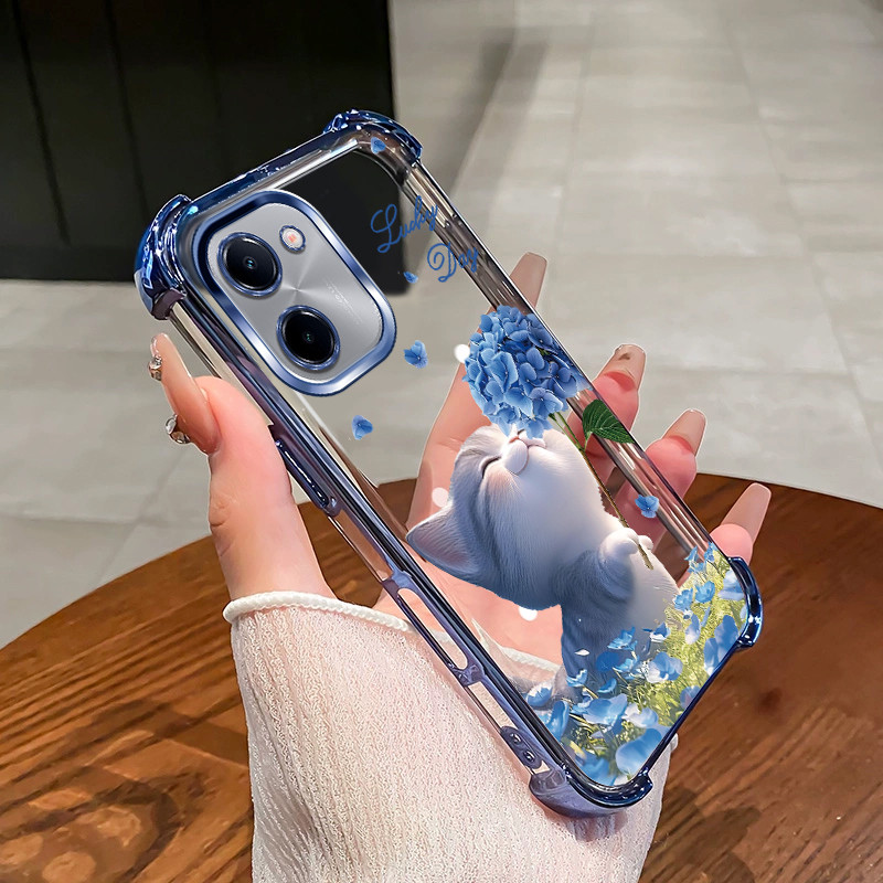 สําหรับRedmi 13c 14c 13R 14R 4G 5G POCO C65 4G POCO M6 M7 เคสโทรศัพท์ดอกไม้แมวสี่มุมซิลิโคนTPUโปร่งใ