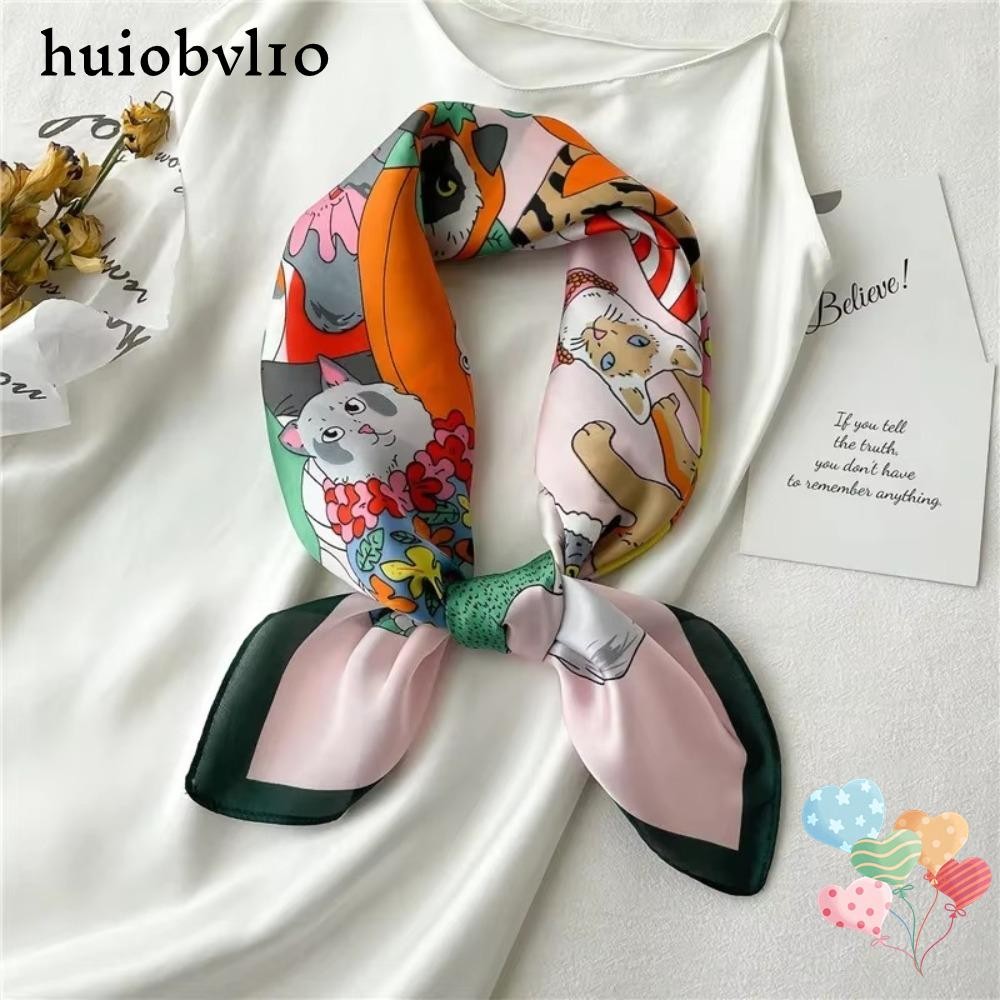 HUIOBVLTH ผ้าพันคอสี่เหลี่ยม, Headscarves Retro การ์ตูนหัวแมวแถบคาดศีรษะ, แฟชั่นผมริบบิ้นเลียนแบบผ้าไหมมัลติฟังก์ชั่ผู้หญิง Neckerchief ฤดูใบไม้ผลิและฤดูร้อน