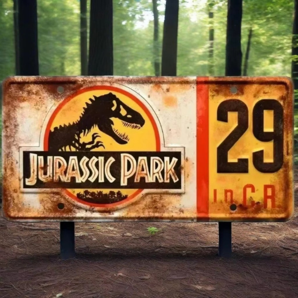 ป้ายโลหะวินเทจด้อย | เครื่องภาพยนตร์ Jurassic Park Explorer Jeep & Iconic 2D | ตกแต่งผนังพรีเมี่ยมสําหรับคลับบาร์