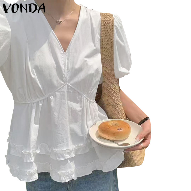 VONDA สไตล์เกาหลี ผู้หญิง เสื้อเชิ้ตคอวีแขนพอง ออกแบบให้มีความยืดหยุ่นรอบเอว เพื่อความสบายเมื่อสวมใส่