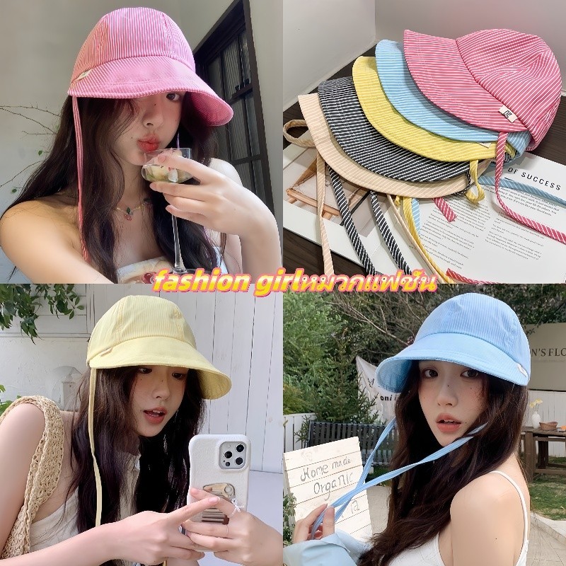 หมวกผู้หญิง หมวกแก๊ปเบสบอล หมวกแฟชั่น ไตล์เกาหลี สามารถพับได้ลายทาง การป้องกันแสงแดด COD ส่งไวจากไทย