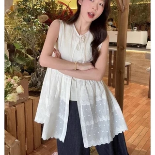 Mimi&didi#ชุดเสื้อกั๊กปกปิด เนคไทฝรั่งเศส เดรสทรงหลวม คอกลม แขนกุด เหมาะสำหรับฤดูใบไม้ผลิ หวานและเผ็ดสำหรับผู้หญิง#99109
