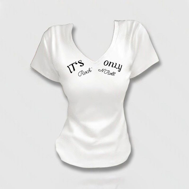 สไตล์เกาหลีแท้ไหล่คอวีพิมพ์ตัวอักษรเสื้อยืดแขนสั้นผู้หญิงฤดูร้อน Niche Design Slim-Fit Nar ราคาถูก Shopee Lazada