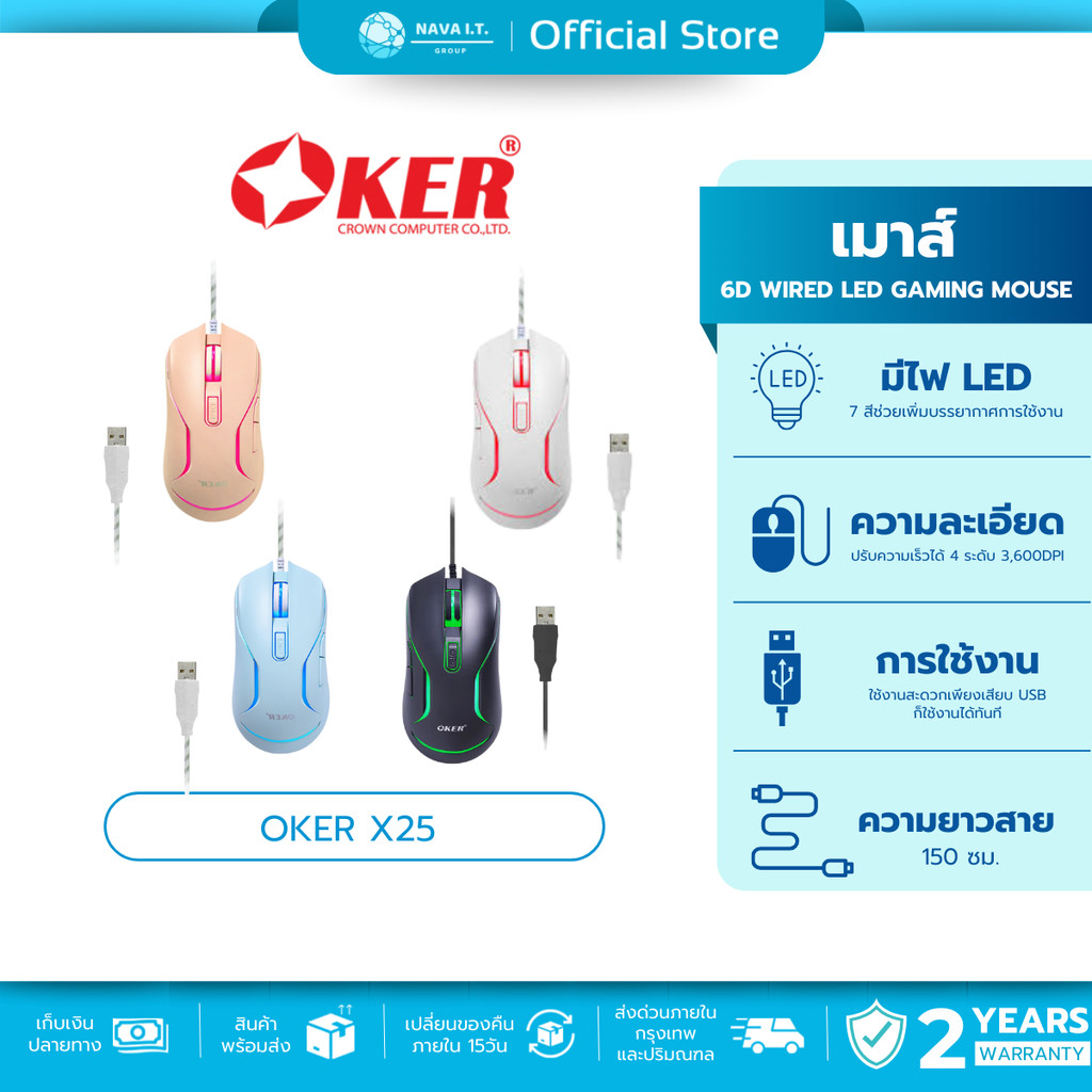 (มีส่งด่วน) OKER X25 6D WIRED LED GAMING MOUSE เมาส์ 6 ปุ่ม แสงไฟ LED 7 สี ปรับความเร็วได้ 4 ระดับ สูงสุด 3,600 DPI