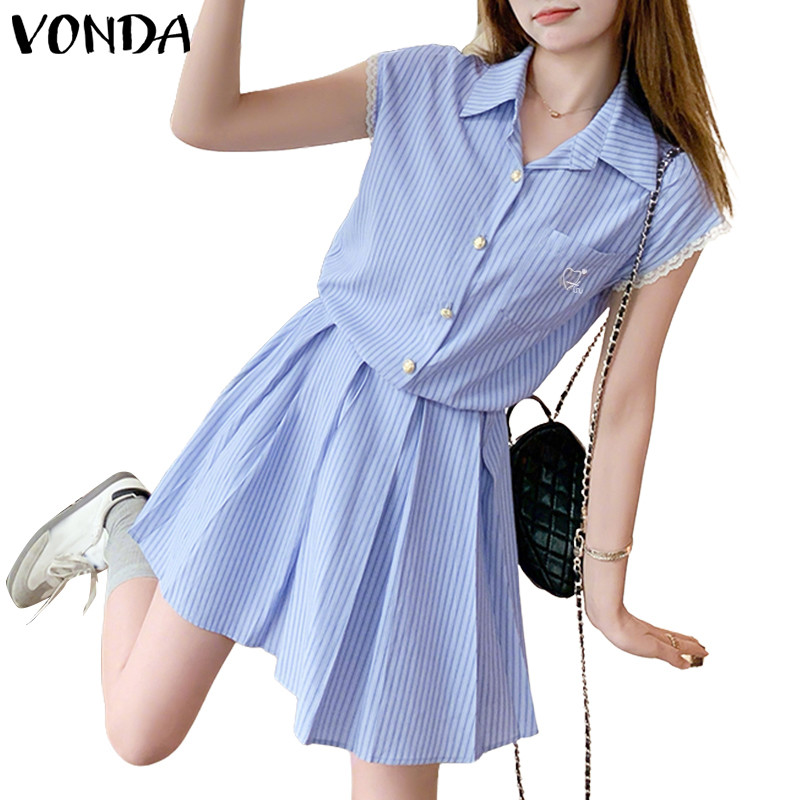 VONDA ผู้หญิง Korean Style Girl's Fall Down Collar Raglan Sleeve Pleated Stripe Dress