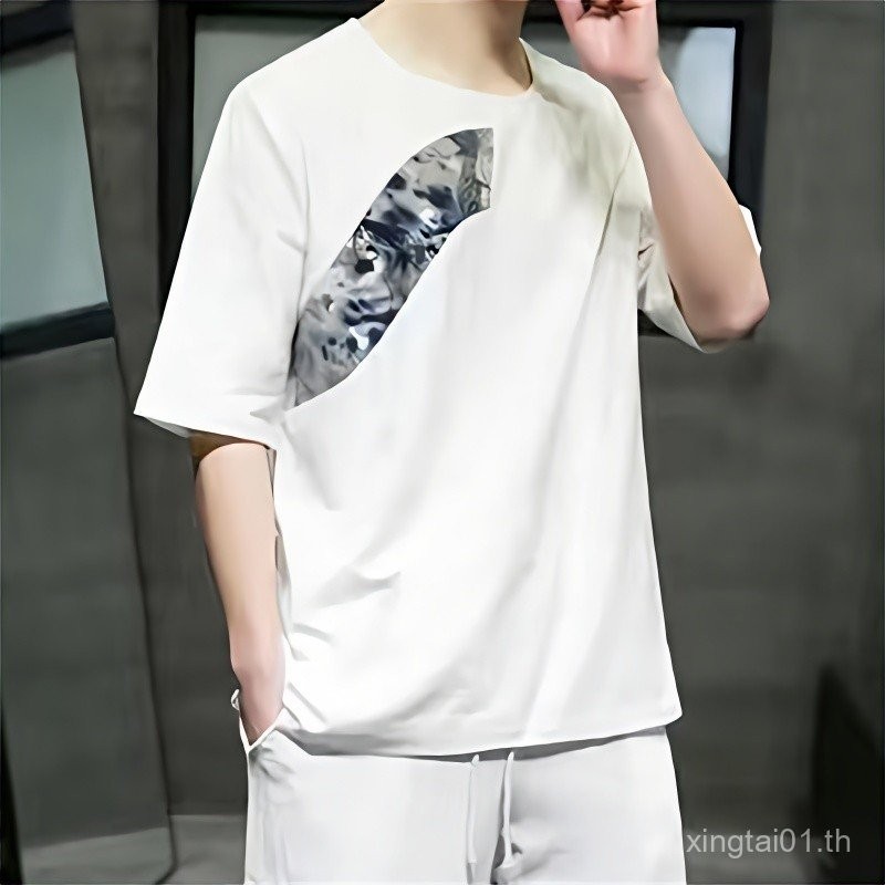 เสื้อยืดแขนสั้นแบบ retro ในสไตล์จีน ผลิตจากผ้าฝ้ายและลินิน พร้อมเย็บขอบคอลายพิเศษ | Amoi TFM2