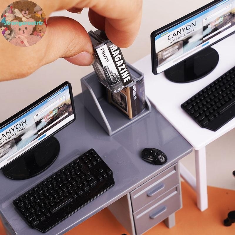 Strongaroetrtr 1 ชุด 1/12 Dollhouse Miniature คีย์บอร์ดคอมพิวเตอร์โต๊ะเก้าอี้ชุด Home Study Room เฟอร์นิเจอร์ตกแต่ง Micro ฉาก Props TH