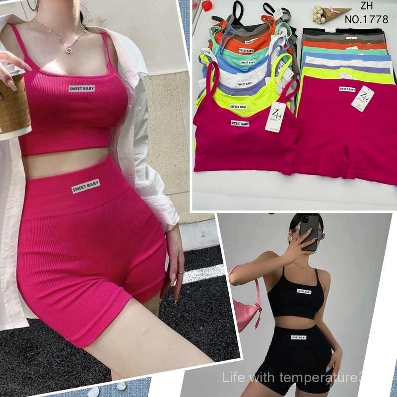 ZH.1778 ชุดเซทสปอร์ตบราsweet babyงานผ้าร่อง11สี บราสปอร์ต+กางเกงขาสั้น ชุดโยคะ ชุดออกกำลังกายผู้หญิง