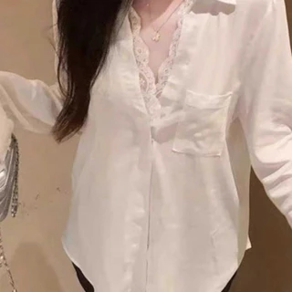 เสื้อเชิ้ตแขนยาว คอวี ลายลูกไม้ ดีไซน์ทันสมัย