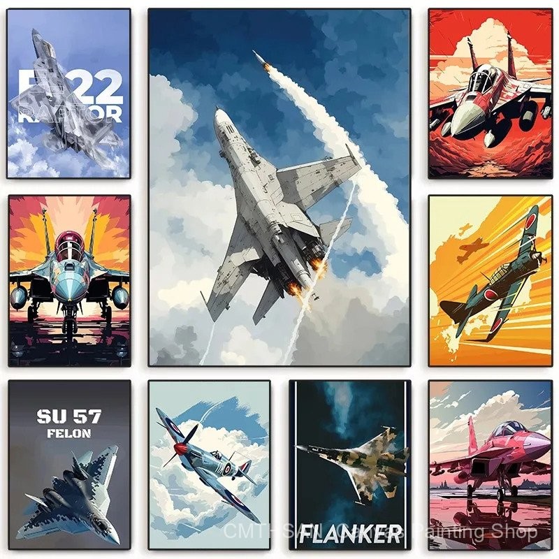 Vintage Fighter Jet ผ้าใบพิมพ์ F-22 Raptor SU-57 Felon การบิน Wall Decor ทหารผู้ที่ชื่นชอบห้องนั่งเล