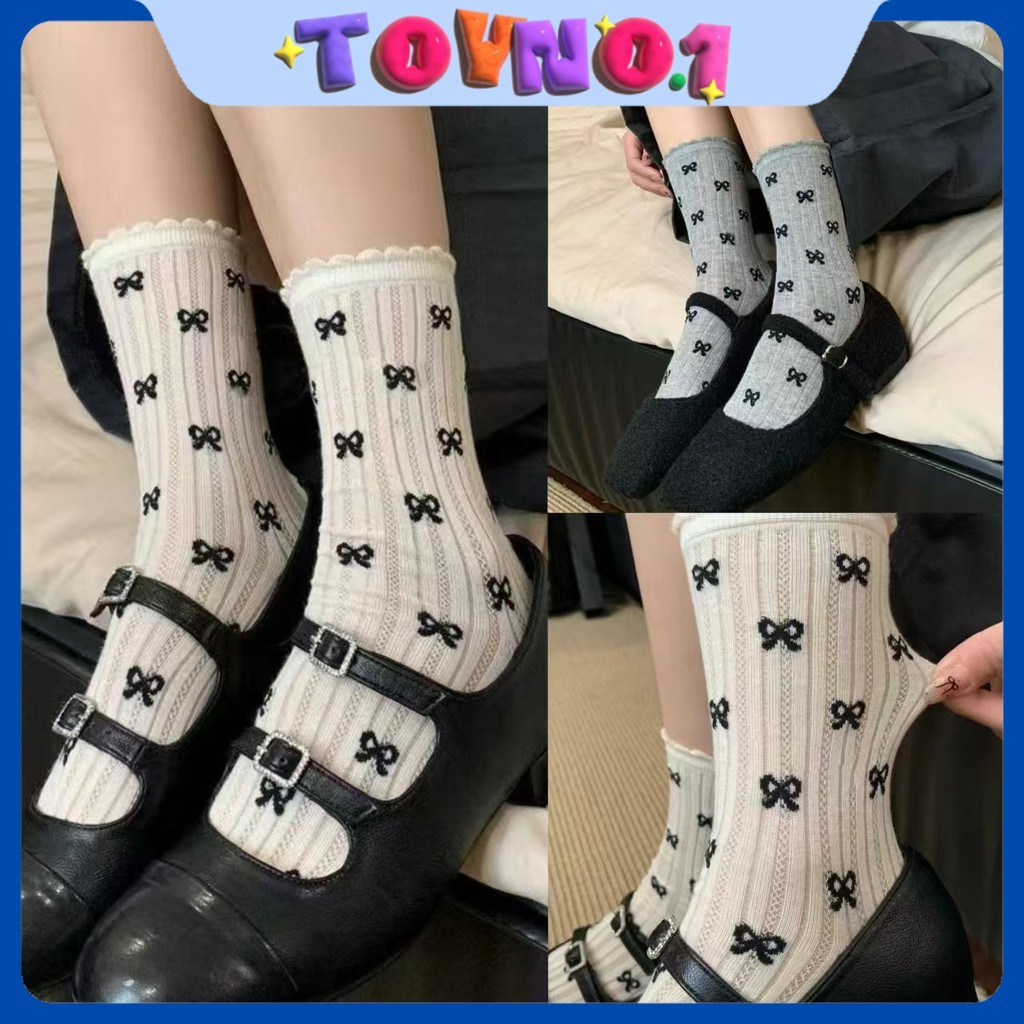 ToyNo.1🧸 พร้อมส่ง🧸"WZ-BOW" ถุงเท้ากลางหลอด-ผู้หญิง ที่เรียบง่ายน่ารัก ฤดูใบไม้ผลิดีเทลลายโบว์