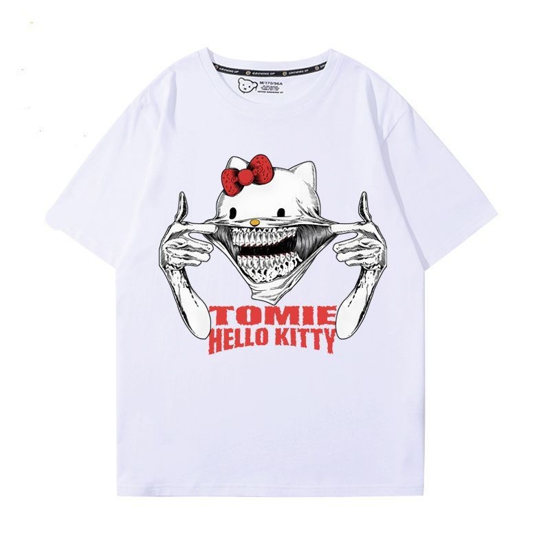 เสื้อยืดสองมิติ Ito Junji x Sanrio Kitty Tomie แขนสั้นสำหรับทั้งผู้ชายและผู้หญิง