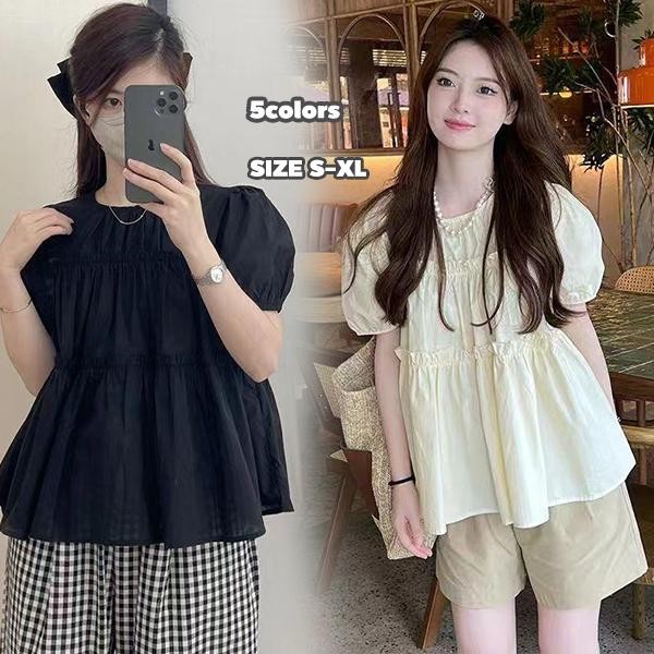 mimi&didi#เสื้อแขนตุ๊กตาคอกลมโอเวอร์ไซส์ เสื้อเชิ้ตสไตล์เกาหลีทรงหลวม อเนกประสงค์ แขนพัฟ น่ารักๆ ผู้หญิง#W630