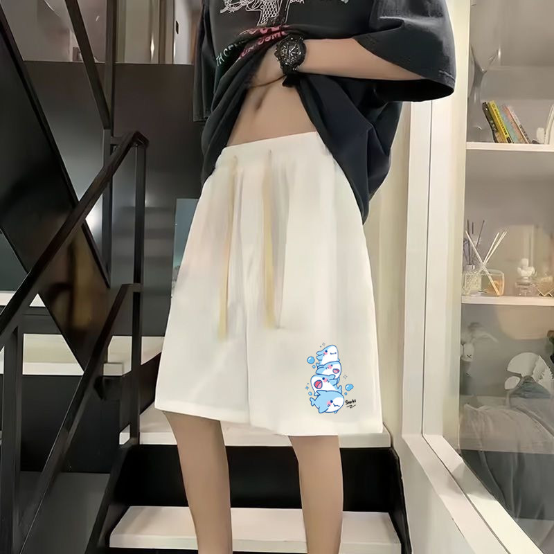 M-5XL Summer American Mens Waffle Cute Shark Print Drawstring Loose Pants