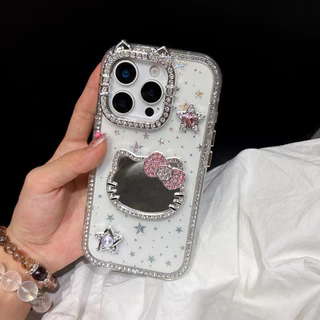 3Dการ์ตูนแมวกระจกโปร่งใสสีชมพูStar HardสําหรับiPhone 11 12 13 14 15 16 Pro MaxปลอกฝังRhinestoneรั้วขอบฝาครอบป้องกันการตกสําหรับiPhone11 กรณี