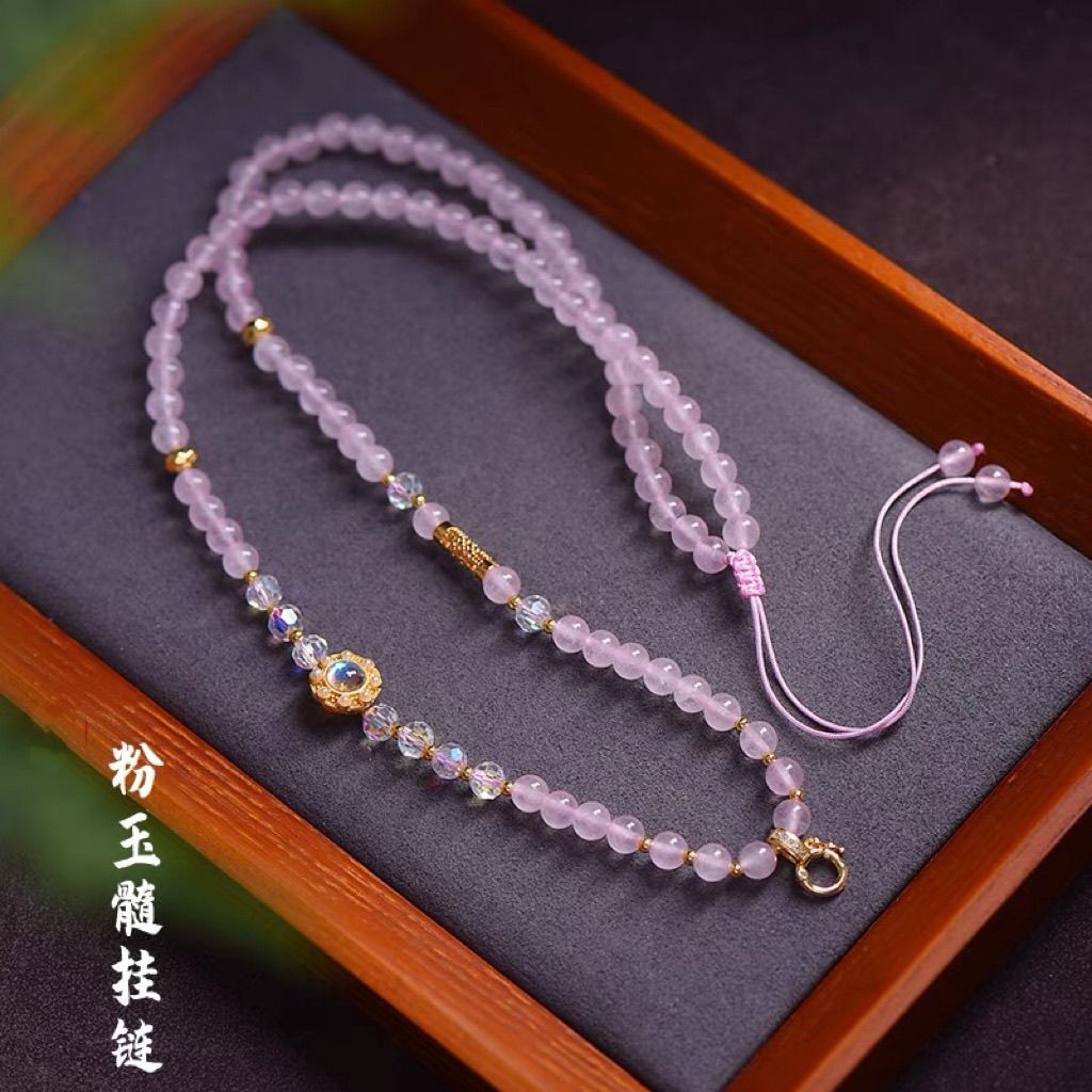 สร้อยคอคริสตัลสีชมพู Cedony Amulet Chain 6 มม. พร้อมผงคริสตัล TTX080703