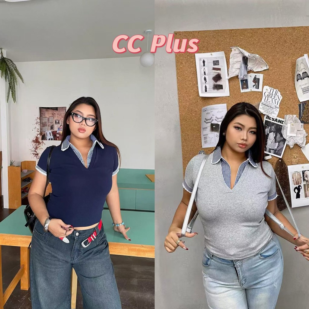 CiCi Plus+ (Y6337-1) เสื้อแขนสั้นผ้ายืด ดีเทลเย็บ2ชั้น คอปกลายตาราง ซิปหน้ารูดได้ สไตล์น่ารักวินเทจสาวพลัสไซส์
