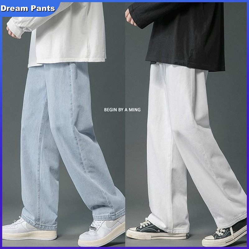 AXEULE กางเกงยีนส์ผู้ชาย Baggy กางเกงขายาวสีขาว Oversize Straight Korean style blue Jeans กางเกงชั้น
