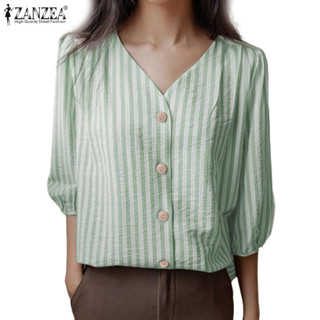 ZANZEA เสื้อลายทางสำหรับผู้หญิง สไตล์เกาหลี แขนยาว 3/4 ดีไซน…