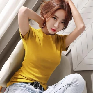 เสื้อยืดแขนสั้นผ้าฝ้าย ทรงสลิมฟิต สำหรับผู้หญิง คอกลม สีพื้น ท๊อป