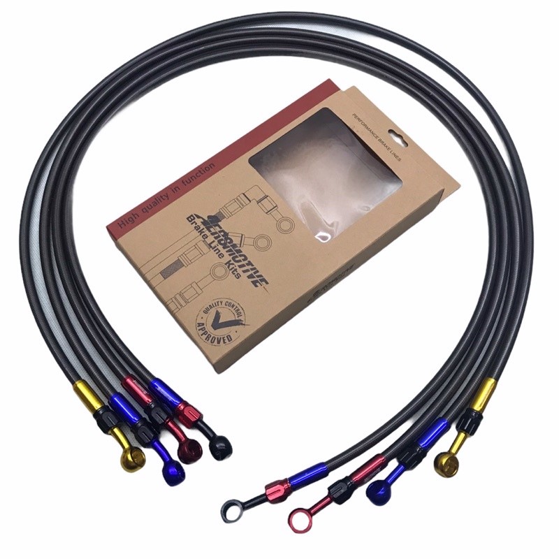 ท่อเบรคหน้า AEROMOTIVE 95 ซม. Nap CNC Banjo Color Fiber Straight Plus Bent 90 องศา