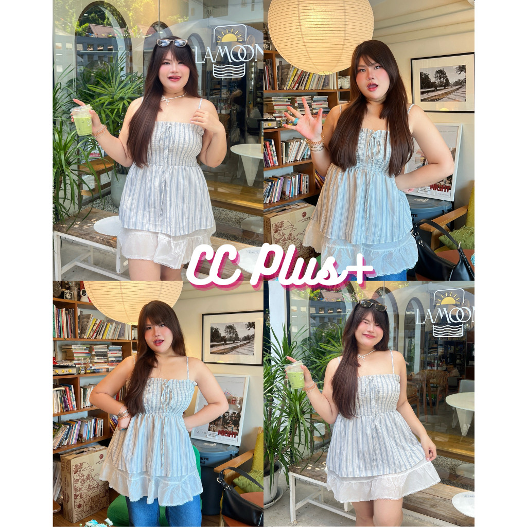 CiCi Plus+(Y6325-1) สายเดี่ยวสม็อครอบตัว ดีเทลลายริ้วตัวยาว สายปรับได้ แต่งเลเยอร์ 2 ชั้น ใสๆสไตล์เกาหลี